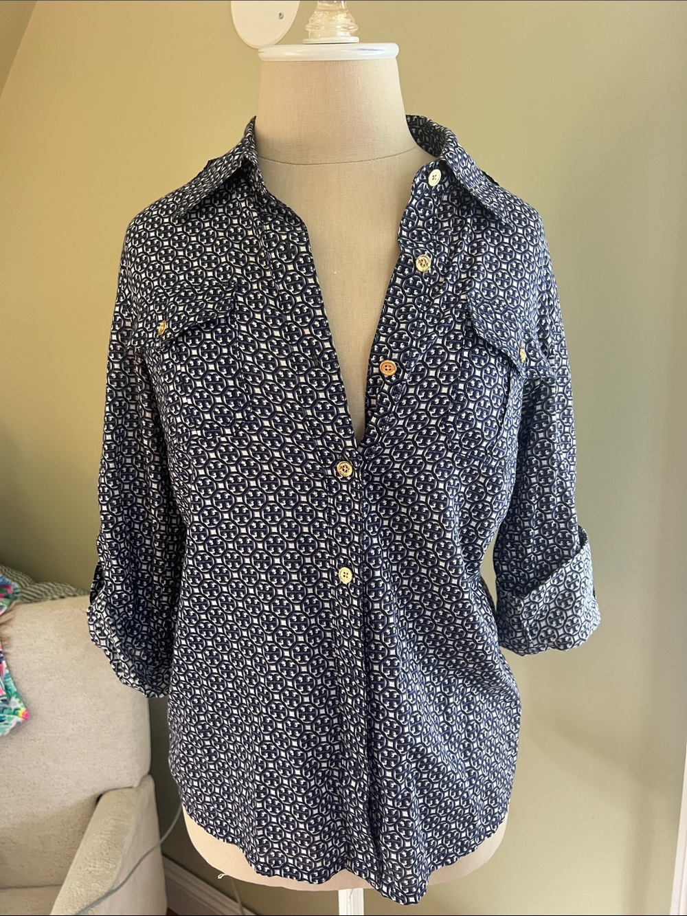 Tory Burch Navy and White Printed monogram Button-Down Shirt 2